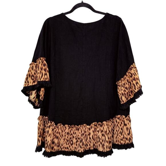 Umgee Linen Blend Animal Print Bell Sleeve Top Black Flowy 1X Ruffle - Picture 3 of 9
